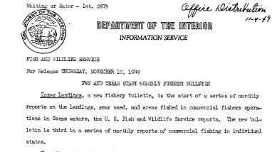 FWS and Texas Start Monthly Fishery Bulletin November 10, 1949