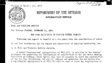 New Fish Hatcheries to Provide Better Fishing November 15, 1949