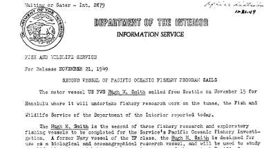 Second Vessel of Pacific Oceanic Fishery Program Sails November 21, 1949