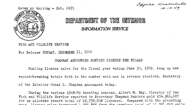 Chapman Announces Hunting License Fee Totals December 11, 1949