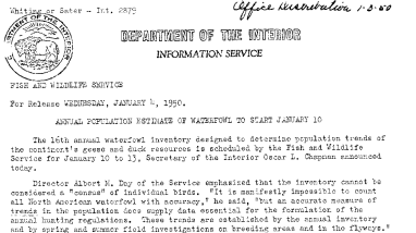Annual Population Estimate of Waterfowl to Start January 10 January 4, 1950