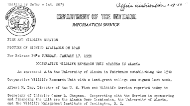 Cooperative Wildlife Reaearch Unit Started in Alaska January 17, 1950