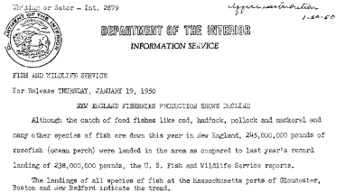 New England Fisheries Production Shows Decline January 19, 1950