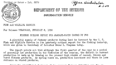 Fishery Outlook Report for January-March Issued Be FWS February 8, 1950 B