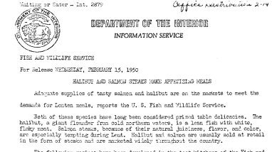 Halibut and Salmon Steaks Make Appetizing Meals February 15, 1950