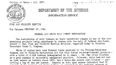 Federal Aid Helps Wild Turkey Restoration February 27, 1950