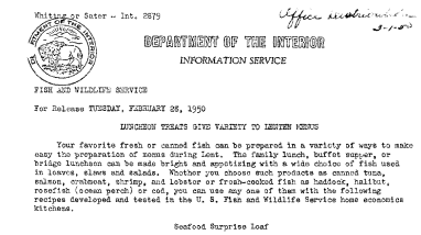 Luncheon Treats Give Variety to Lenten Menus February 28, 1950