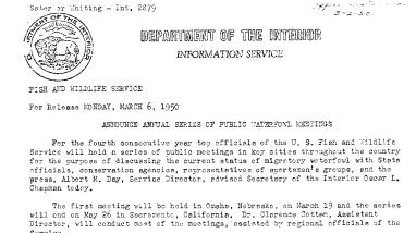 Announce Annual Series of Public Waterfowl Meetings March 6, 1950 A