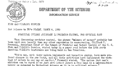 Practical Ooutlook Necessary in Predator Control, FWS Officials Says March 6, 1950 B