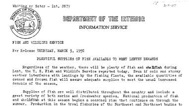 Plentiful Supplies of Fish Available to Meet Lenten Demands Maarch 9, 1950 B