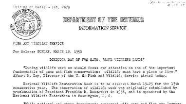 Director Day of FWS Says, "Save Wildlife Lands" March 12, 1950