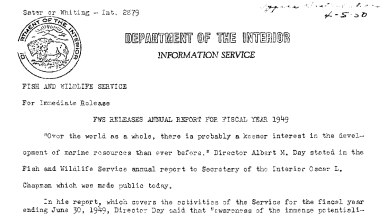 FWS Releases Annual Report for Fiscal Year 1949 April 5, 1950