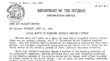 Annual Survey of Waterfowl Breeding Grounds Underway April 20, 1950 B