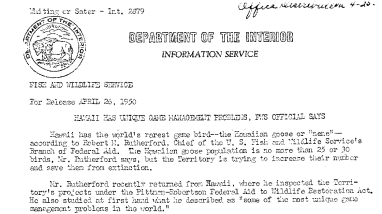 Hawaii Has Unique Game Management Problems, FWS Official Says April 26, 1950