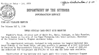 Upper Michigan Lake-Trout Site Selected May 3, 1950