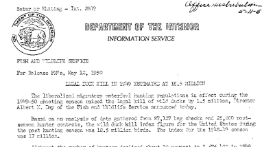Legal Duck Kill in 1949 Estimated at 18.5 Million May 12, 1950 B