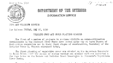 Wildlife Food and Cover Planting Started May 26, 1950 A