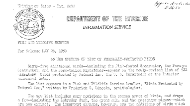 65 New Species on List of Federally-Protected Birds May 26, 1950 B