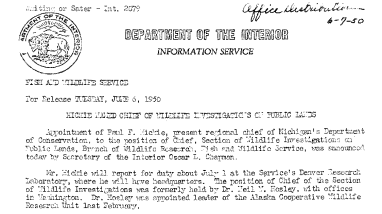 Hickie Named Chief of Wildlife Investigations on Public Lands June 6, 1950 B