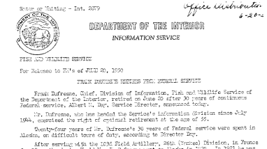 Frank Dufresne Retires From Federal Service June 20, 1950