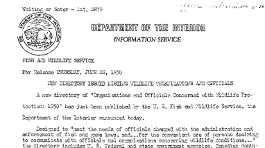 New Directory Issued Listing Wildlife Organizations and Officials June 22, 1950