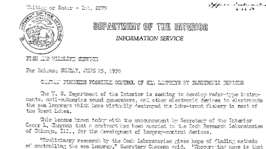 Chapman Foresees Possible Control of Sea Lampreys by Electronic Devices June 25, 1950
