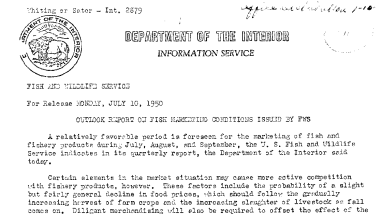 Outlook Report on Fish Marketing Conditionss Issued by FWS July 10, 1950 A