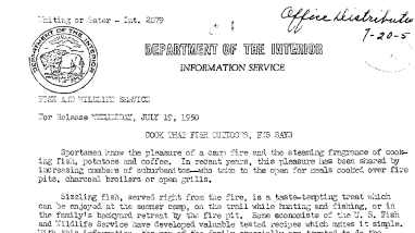 Cook That Fish Outdoors, FWS Says July 19, 1950