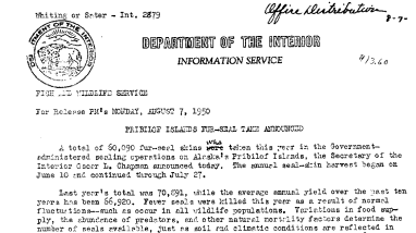 Pribilof Islands Fur-Seal Take Announced August 7, 1950