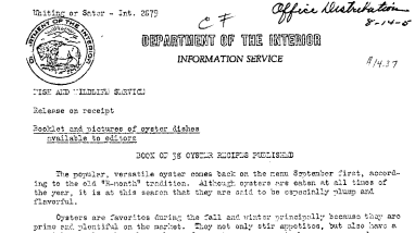 Book of 38 Oyster Recipies Published August 14, 1950