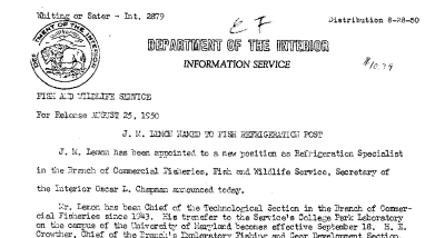 Mr. J.M. Lemon Named to Fish Refrigeration Post August 25, 1950