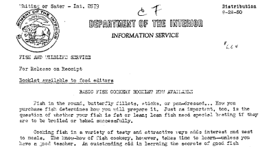 Basic Fish Cookery Booklet Now Available August 28, 1950