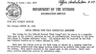 Annual Federal Duck Stamp Competition Announced August 30, 1950