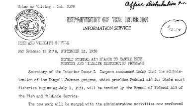 Single Federal Aid Branch to Handle Both Fishery and Wildlife Restoration Programs September 12, 1950