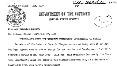 Federal-Aid Funds for Wildlife Restoration Apportioned to States --September 17, 1950