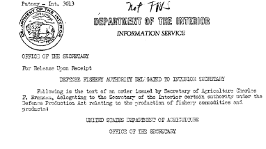 Despense Fishery Authority Delegated to Interior Secretary October 16, 1950 A