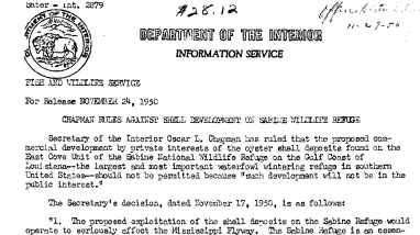 Chapman Rules Against Shell Development on Sabine Wildlife Refuge November 24, 1950