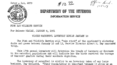 Winter Waterfowl Inventory Begins January 10 Jnauary 8, 1951