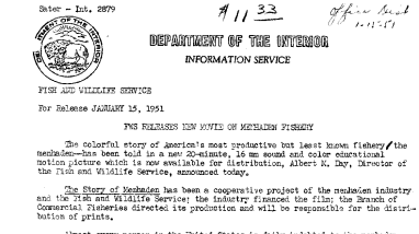FWS Releases New Movie on Menhaden Fishery January 15, 1951 B