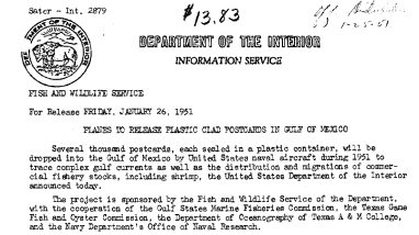 Planes to Release Plastic Clad Postcards in Gulf of Mexico January 26, 1951 A