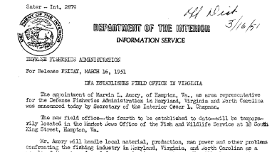 DFA Establishes Field Office in Virginia March 16, 1951 B