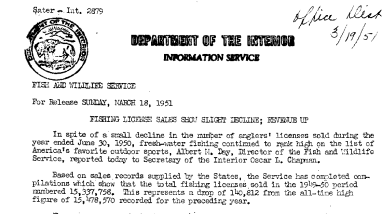 Fishing License Sales Show Slight Decline; Revenue up March 18, 1951