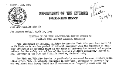 Director of the Fish and Wildlife Service Speaks on Wildlife Week and the National Emergency March 19, 1951