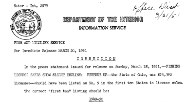 Correction to Press Release -March 18, 1951-Fishing License Sales March 20, 1951