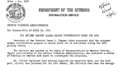 DFA Decides Against Alaska Salmon Concentration Order for 1951 April 16, 1951