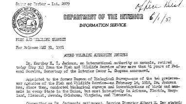 Noted Wildlife Authority Retires (Hartley H.T. Jackson) May 31, 1951
