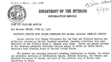 Waterfowl Surveys Show Bright Prospects for Central Canadian Breeding Grounds June 15, 1951