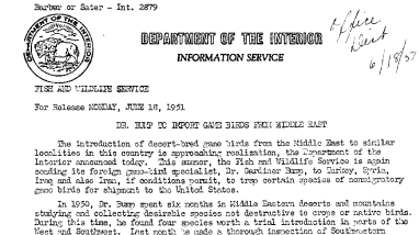 Dr. Bump to Import Game Birds From Middle East June 18, 1951
