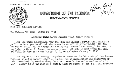 Announce Third Annual Federal "Duck Stamp" Contest August 23, 1951