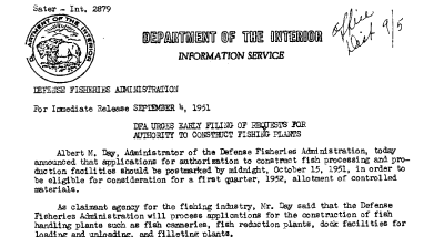 DFA Urges Early Filing of Requests for Authority to Construct Fishing Plants September 4, 1951
